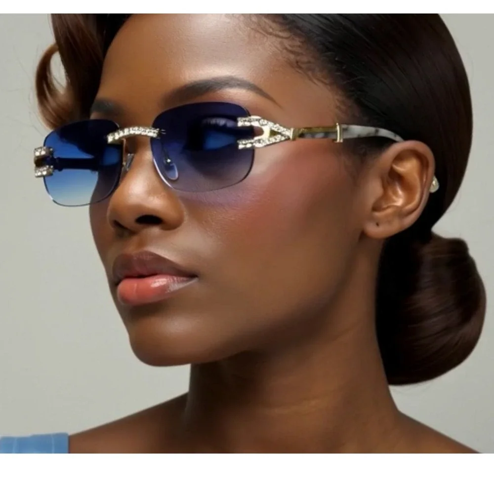 Rimless Gradient Blue‎ Lens Sunglasses Rhinestone Embellished Gold Tone Frames
